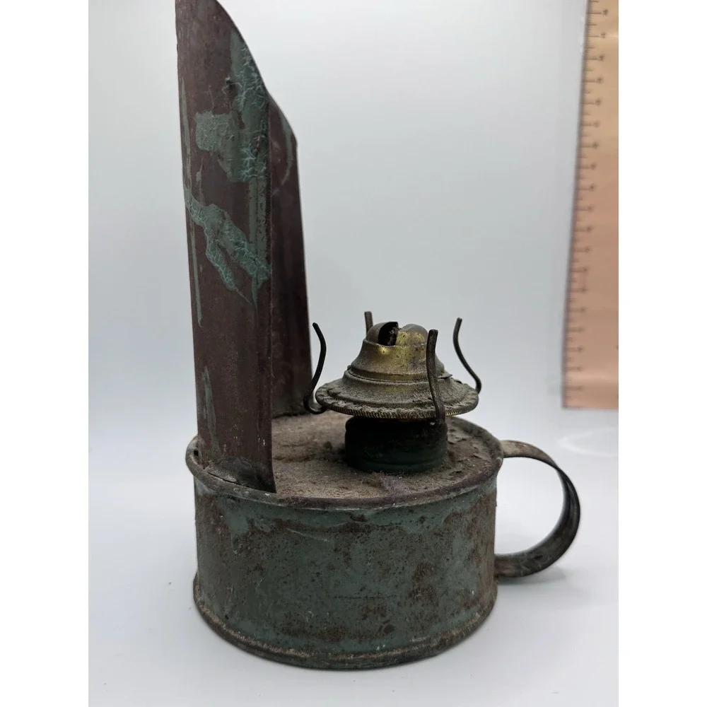 Antique 19th C Primitive Tin Reflector Oil Lamp With Old Blue Paint Surface